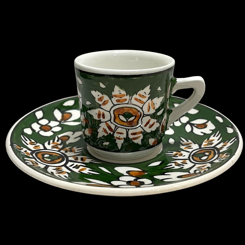 Vintage 1970s Tringatzis Pottery Rhodes Lindos Greece Handpainted Cup Saucer